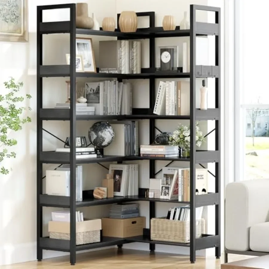 6 Tier Bookshelf for Living Room, L Shaped Corner Bookcase, 69 Inch, Black, Heavy-Duty Steel Construction with Scratch-Resistan