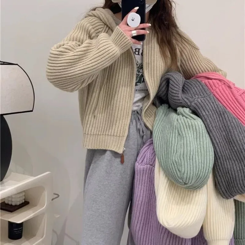 

Top Jumper Outerwear Women's Autumn/Winter Korean Style Hooded Soft Solid Colour Zip-Up Knitted Cardigan Short New Comfortable