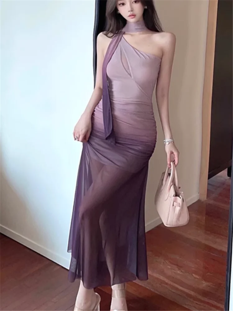 夏オンショルダーストラップレスメッシュシアーロングパーティードレススパイシーガールファッションホリデー不規則なホルターボディコンミディドレスローブ