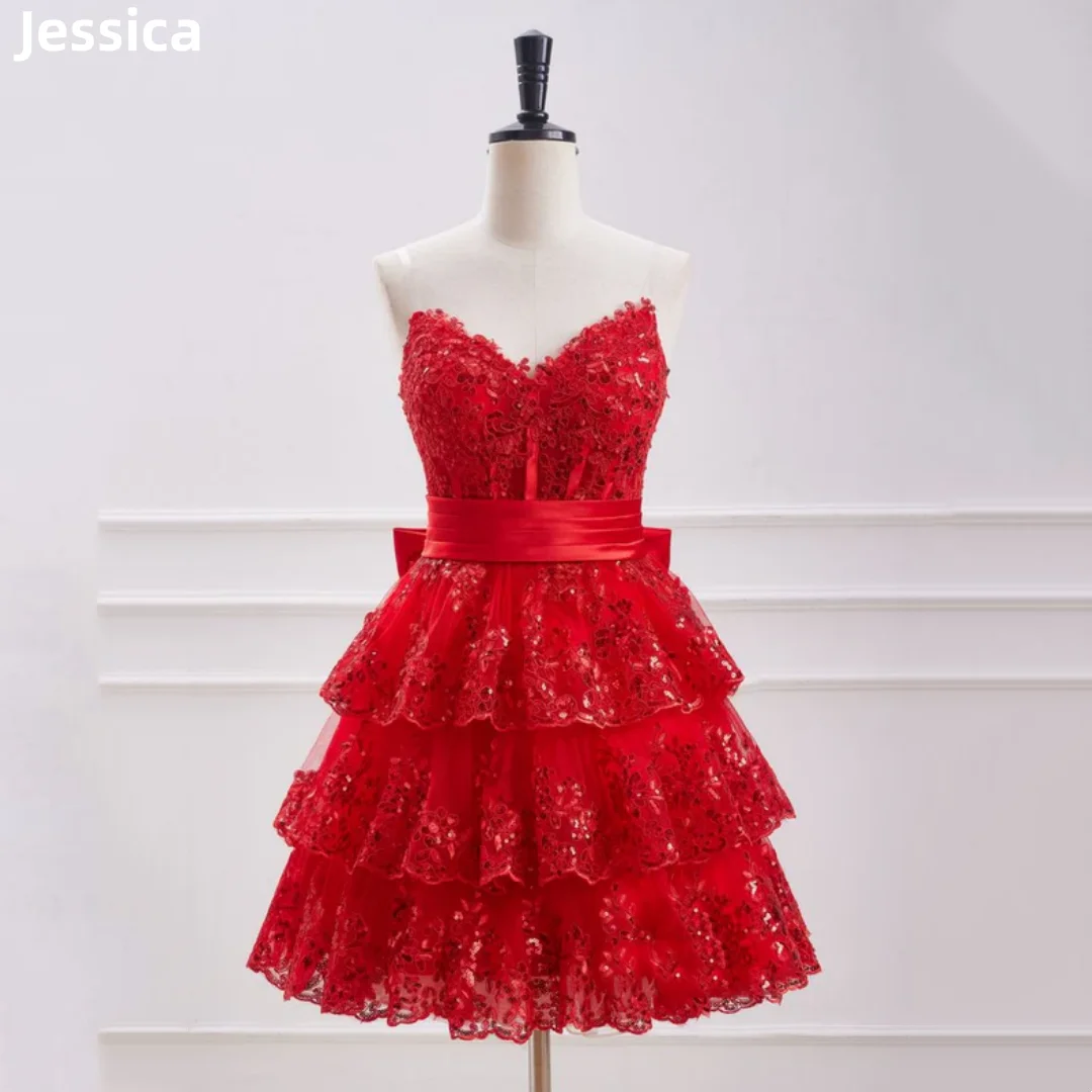 Jessica Red Fairy Prom Dresses Embroidered Glitter Sequins Evening Dresses Cropped Off-the-shoulder Bows Cocktail Dresses