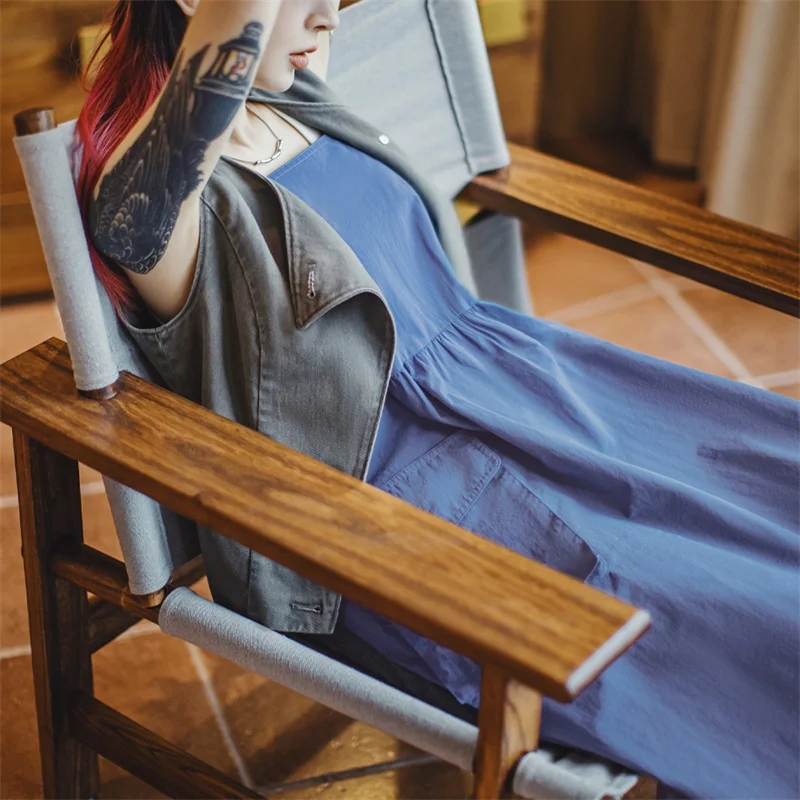 Women's Sleeveless Utility Maxi Dress with Pockets - Blue