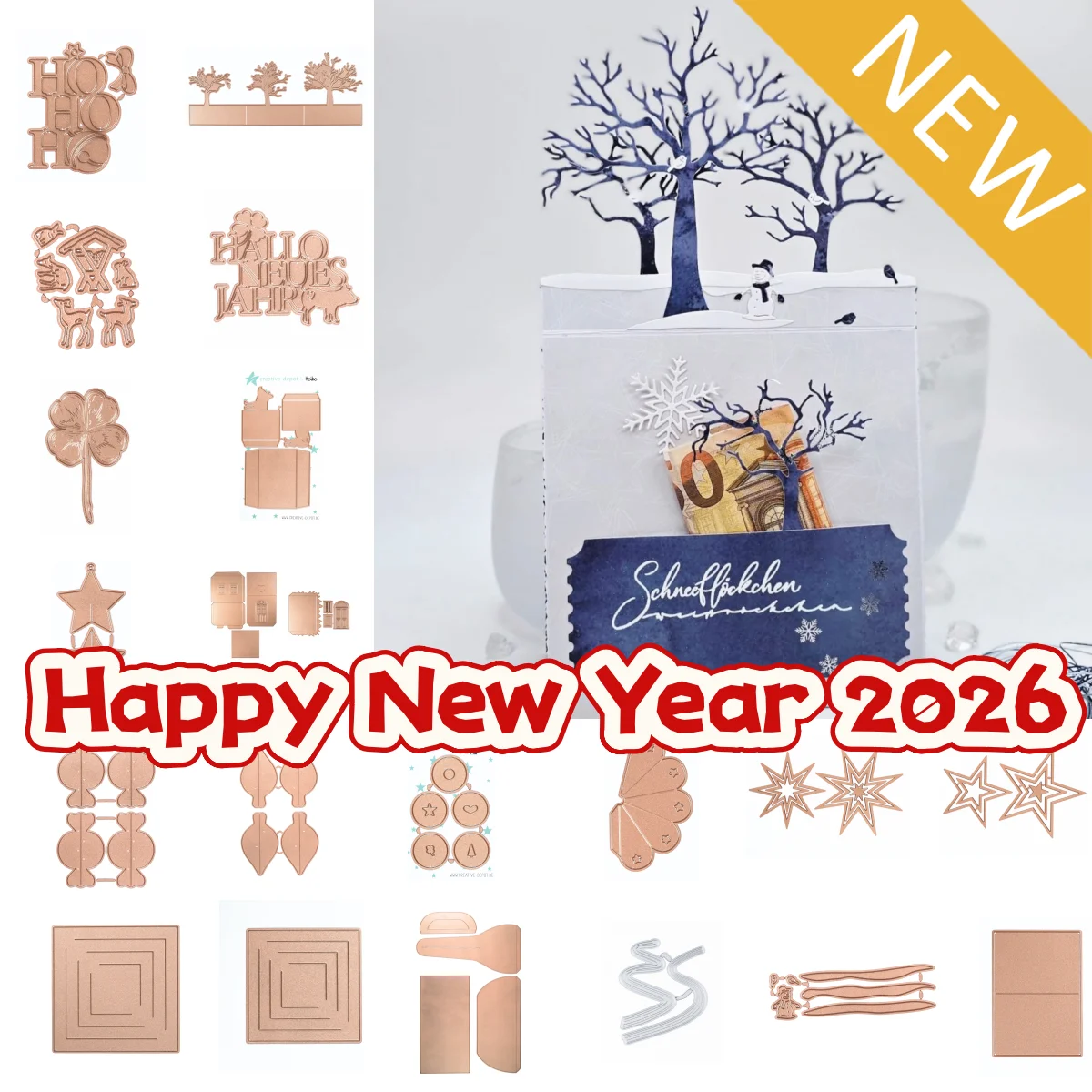 

Happy New Year 2026 Winter Animals Cloverleaf Flower Cake Box Tree Metal Cutting Dies for DIY Scrapbook Diary Album December