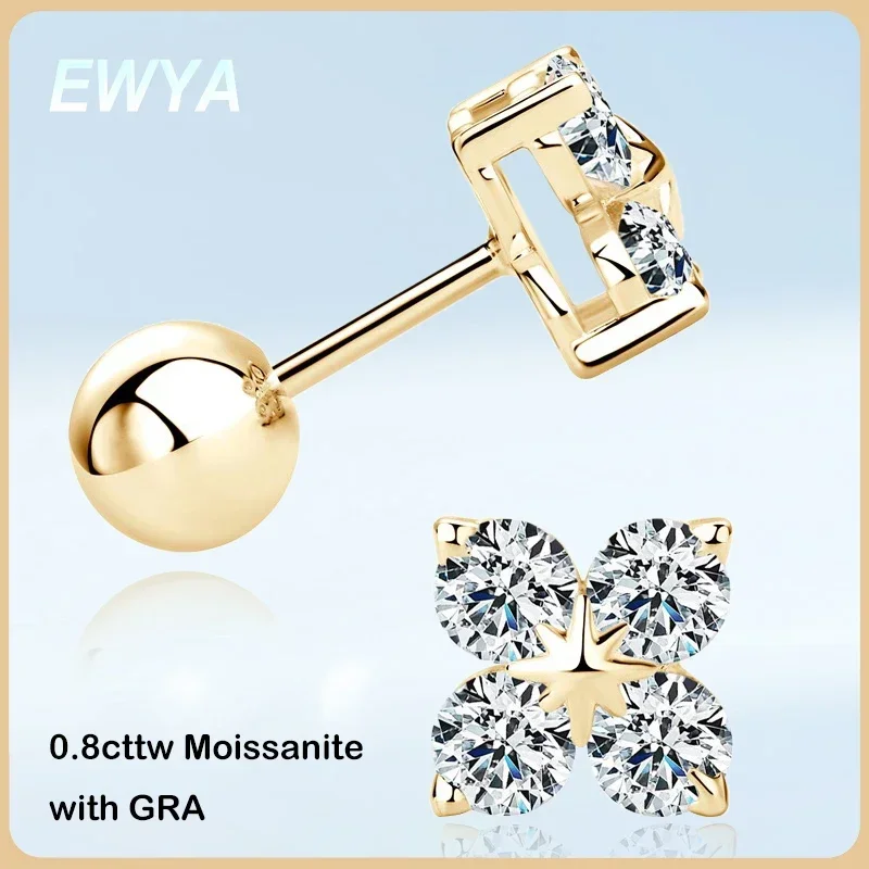 EWYA 4-Stone Clover 0.8cttw Full D Color Moissanite Screw Earrings for Women Girls S925 Silver 3mm Pass Diamond Test Ear Stud