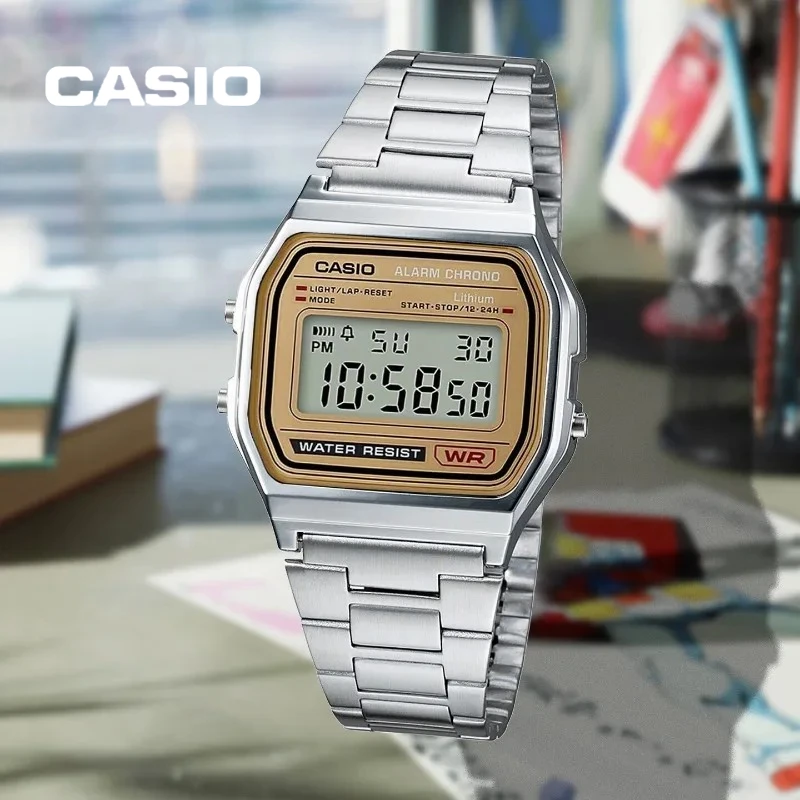 CASIO A158WEA-9 Retro Small Square Waterproof Steel Strip Electronic Watch Multi Functional Men's and Women's Quartz Watch