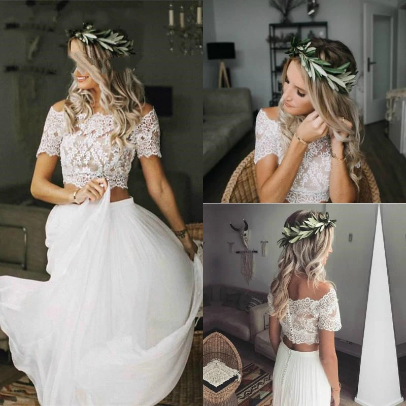 2 pezzi Boho Beach Abiti da sposa Estate Chiffon di pizzo Bohemian Sposa Abiti da sposa Scollo a barca Manica corta abiti da sposa