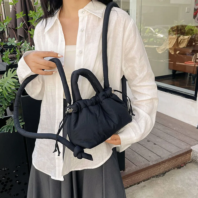 Casual Small Puffer Tote Bag Designer Nylon Padded Women Handbags Knotted Strap Shoulder Crossbod Bags Cute Winter Purse 2024