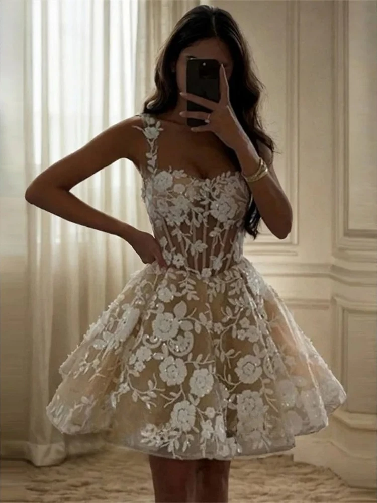 Shiny White Flowers Appliques Short Wedding Dresses Square Collar See Through Mini Tulle Wedding Party Gown vestido de novia