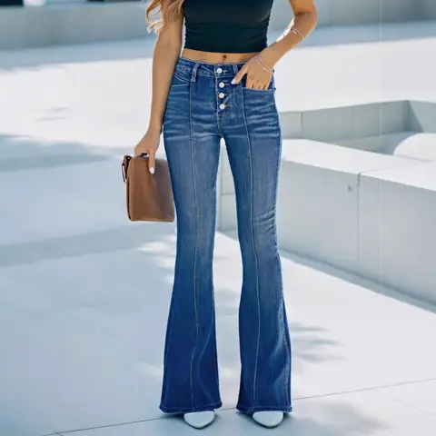 Women's High Waisted Jeans Wide Leg Button Fly Bell Bottoms Flared  Denim Pants