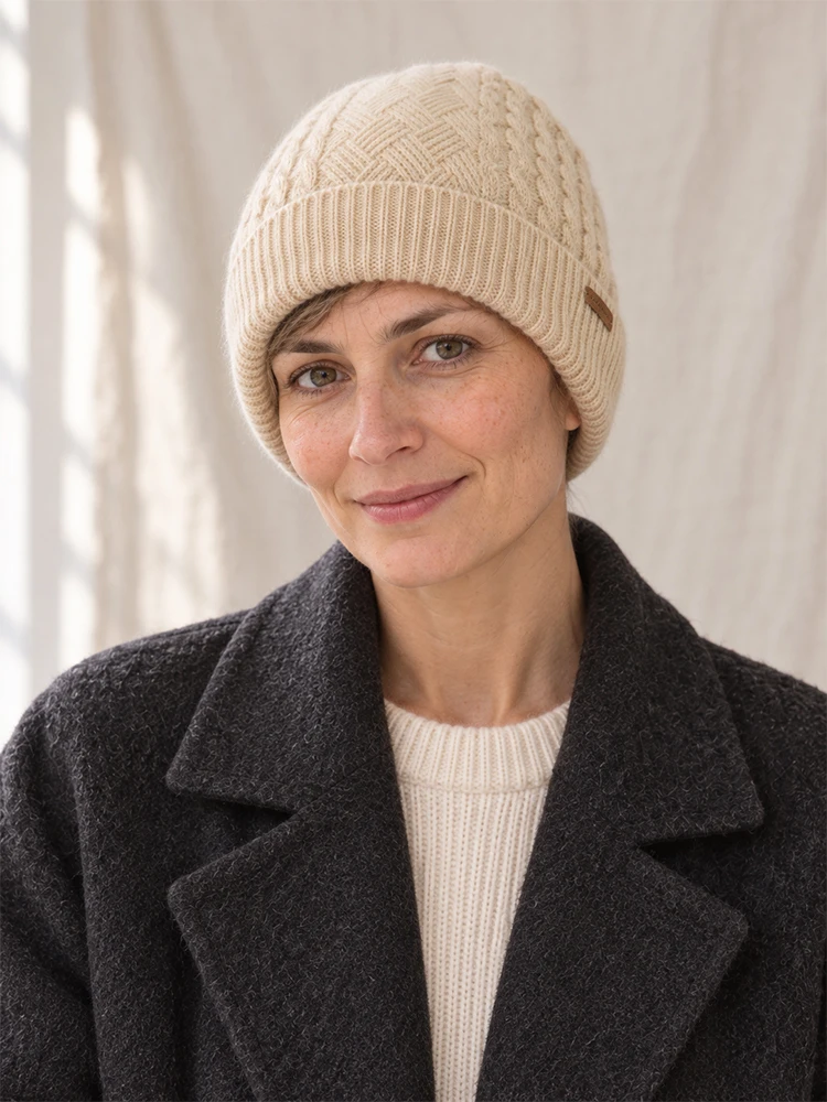 Women Cashmere Wool Cable Knit Beanie Mixed Cable Patterns Warm Bonnet Ribbed Cuff Winter Essential Hat