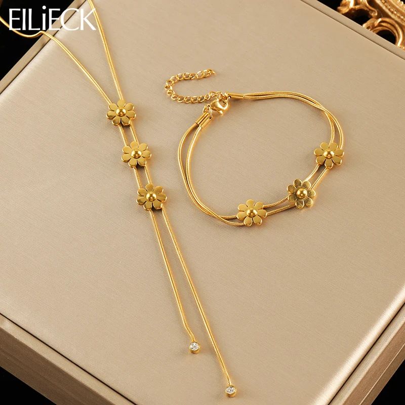 

EILIECK 316L Stainless Steel Metal Trendy Flowers Necklace Bracelet Set Fashion Gold Color Waterproof Jewelry for Women Gift