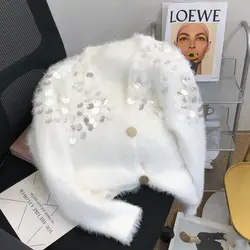 Long Sleeve Sweater V-Neck Sequined Knitted Long Sleeved Button Up Cardigan Coats Fashionable Casual Autumn Winter Women's Tops