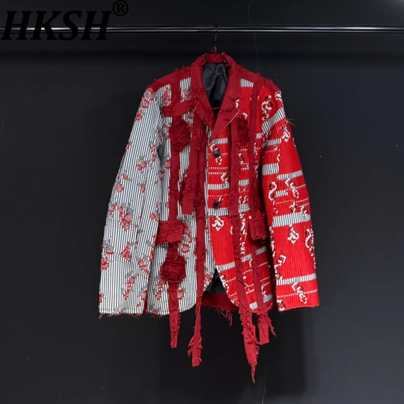 HKSH Spring Autumn New Men Niche Jacquard Heavy Embroidery Spliced Tassel Blazer Striped Contrast Color Casual Suit-Coat HK15890