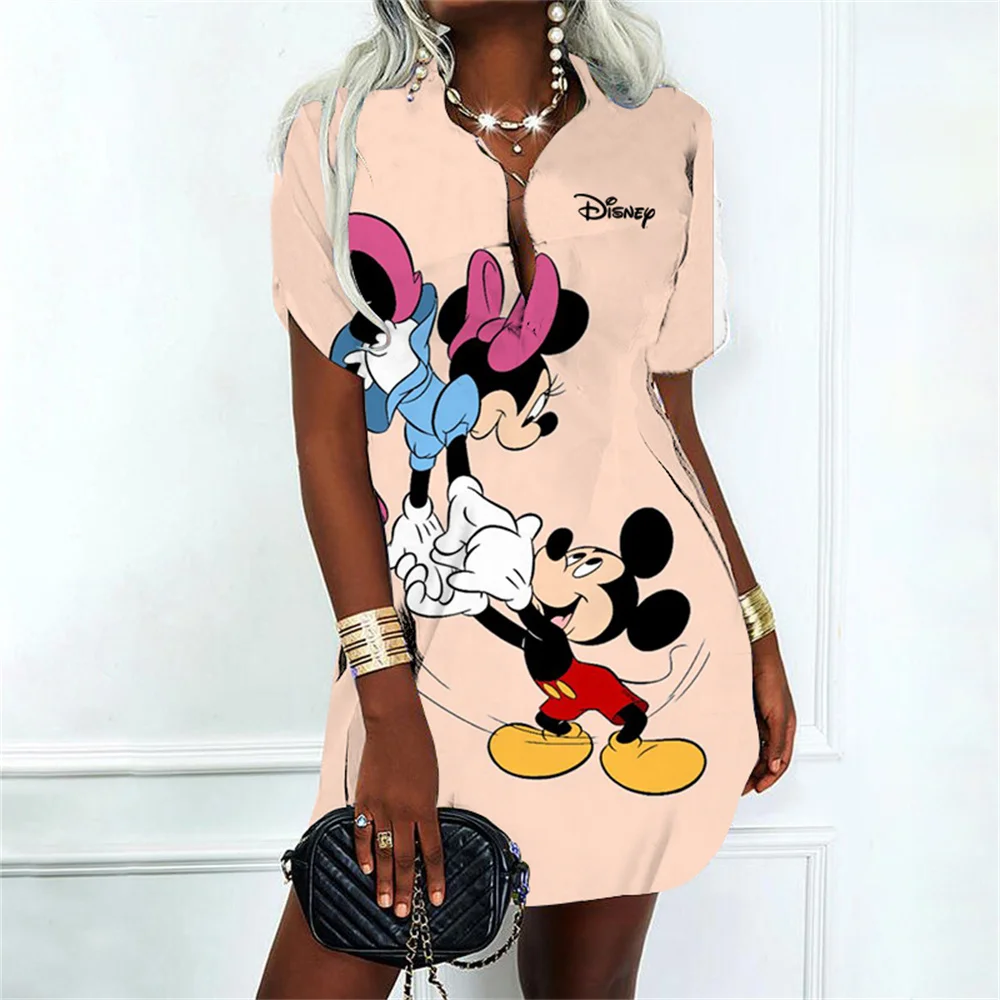 Korean Fashion Elegant Women\'s Dresses for Party 2024 Dress Polo Shirts Woman Clothes V-Neck Mickey Disney Y2k Minnie Mouse Sexy