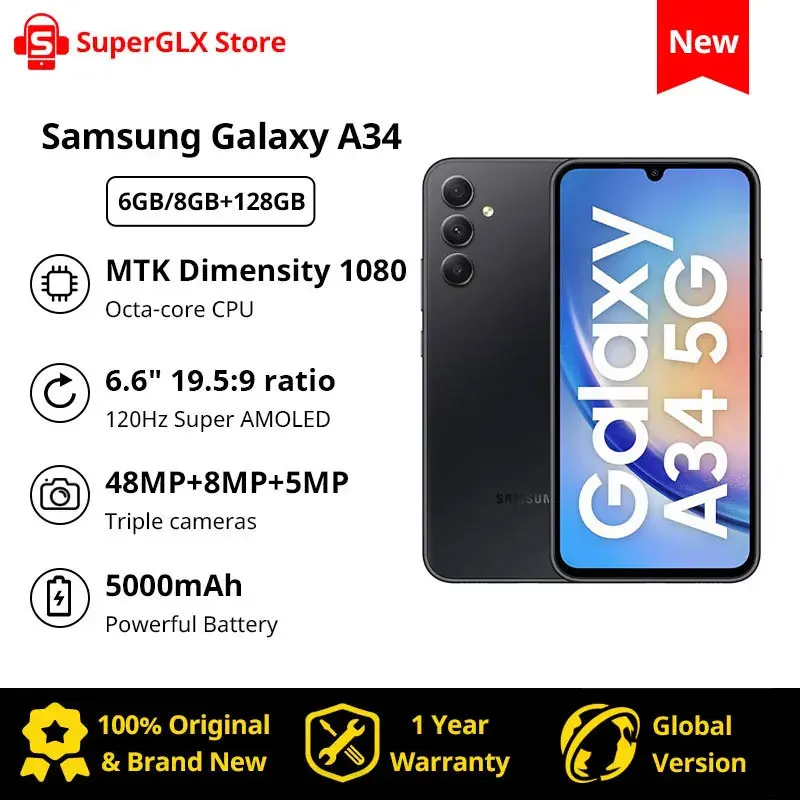 2023 Original New Samsung Galaxy A34 5G Smartphone Dimensity 1080 6.6" 120Hz Super AMOLED Display 5000mAh Android Mobile Phone