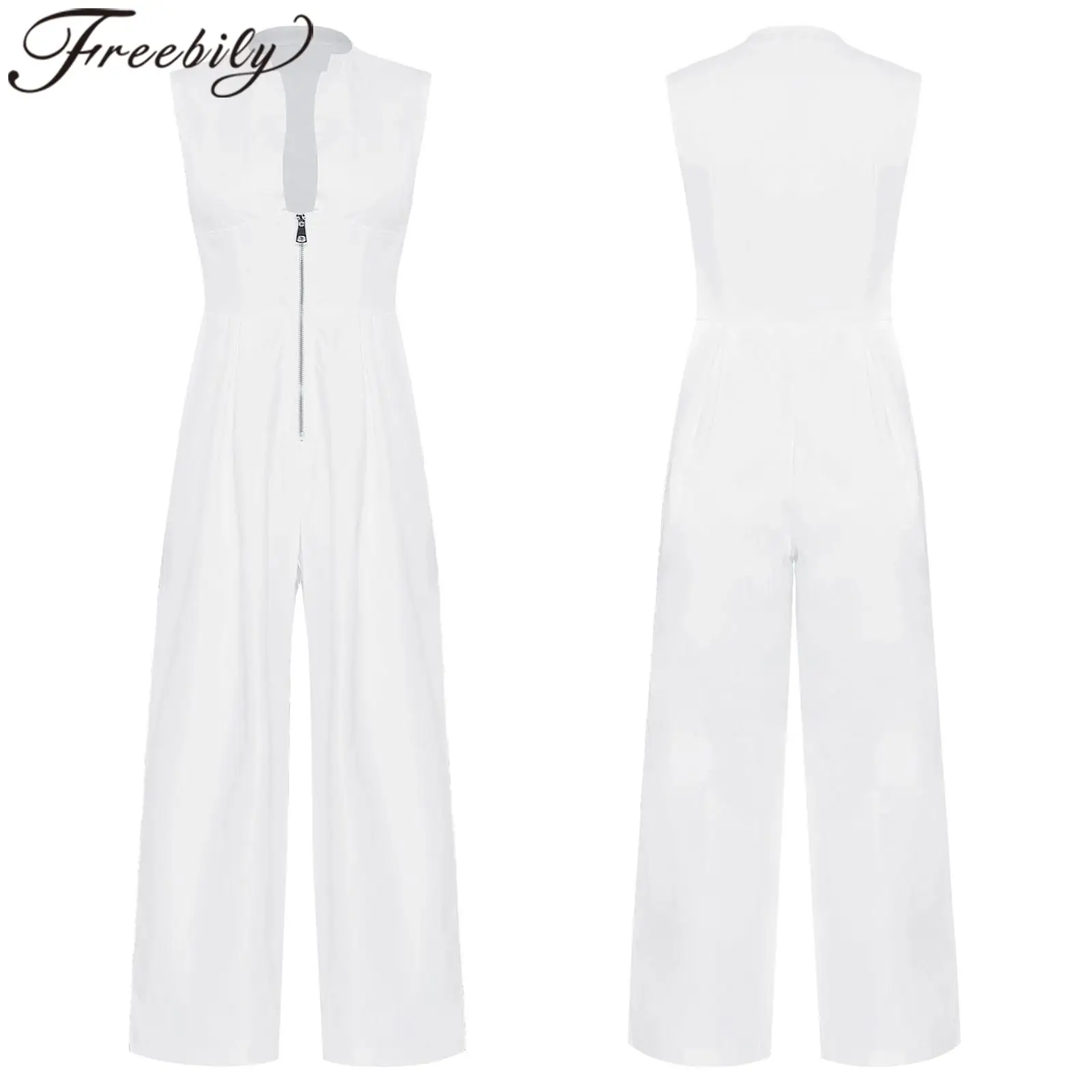 

Women High Waist One Piece Sleeveless Jumpsuit Wide Leg Rompers Office Lady Commute Work Casual Dressy Jumpsuits Long Pants