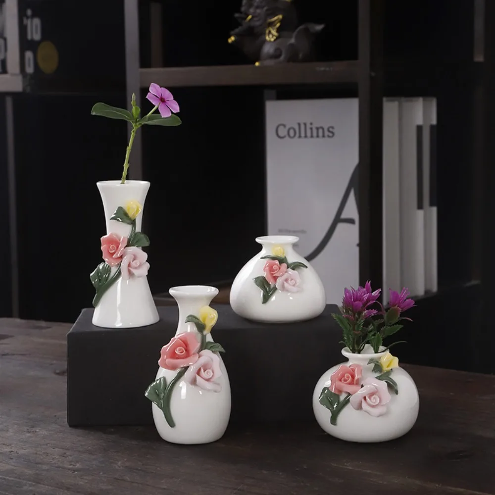 Decorations Floral Ornaments Flower Vases Desktop Embossed Flower Mini Vase Planting Hydroponic Handmade Ceramic Vase Home