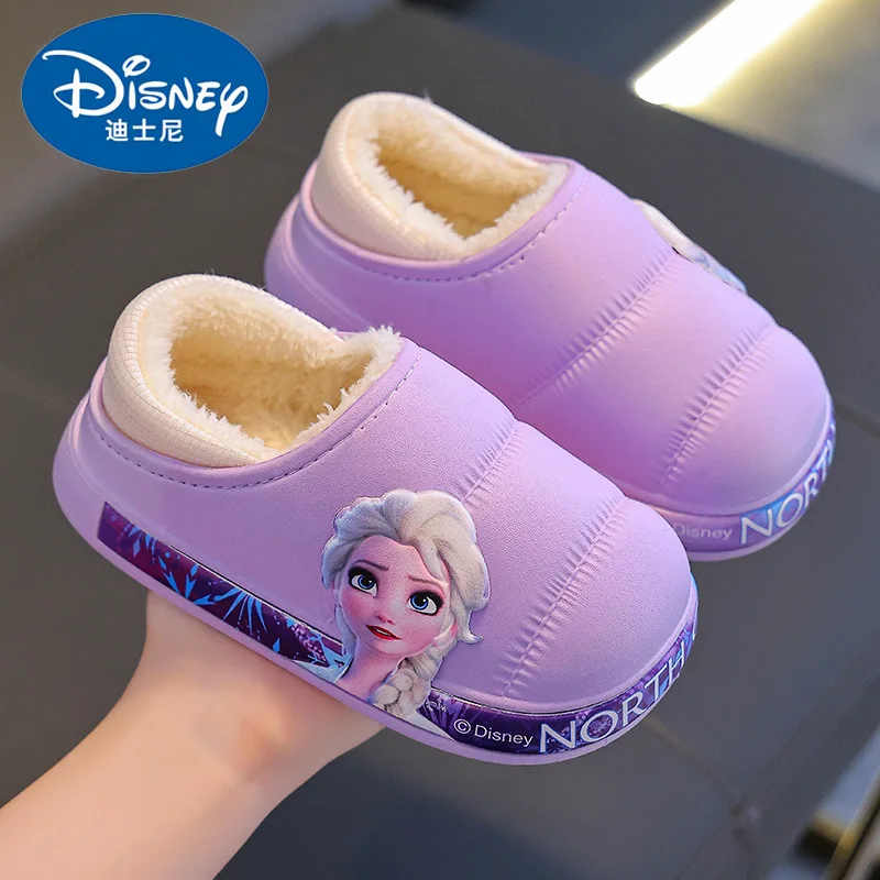 Disney Frozen Girls Cotton Slippers Soft Elsa Winter Warmer Indoor Warmth Preservation Non Slip Bedroom Children\'s Plush Shoes