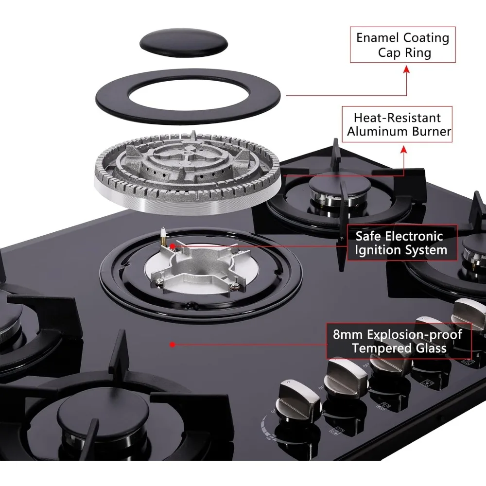 موقد غاز 30 بوصة، موقد غاز مدمج من الزجاج المقسى 5 شعلات عالية الكفاءة موقد غاز علوي البروبان/الغاز الطبيعي