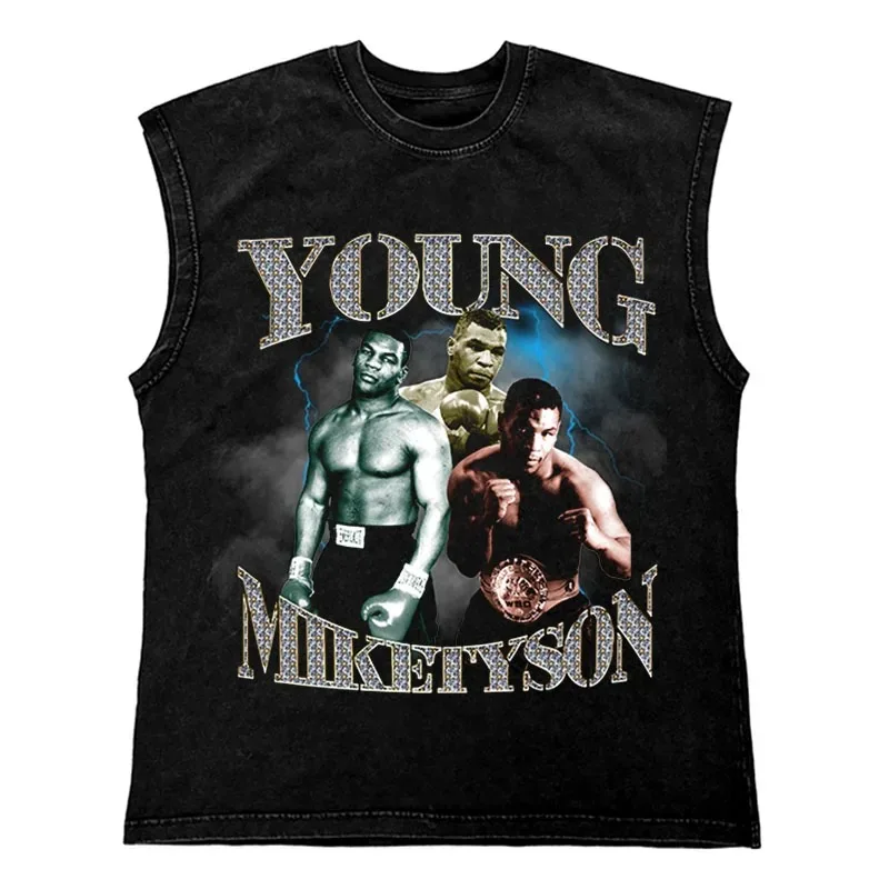 Hip Hop Streetwear T Shirt Men Washed Vest Oversized Cotton Combat Boxing Portrait Graphic Tank Tops 270Gym Tee Top Men Clothing