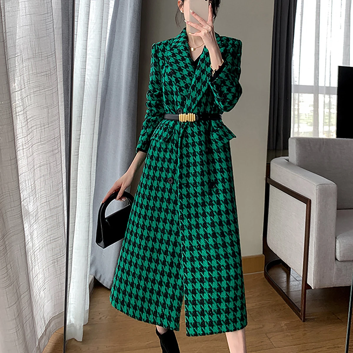 Luxury Winter Autumn Women Long Coat Peak Lapel Houndstooth Overcoat Lady Blazer With Belt Slim Fit Warm Jacket Skirt