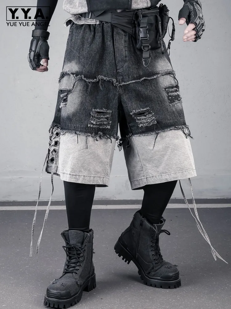 

Harajuku Mens Summer Side Lace Up Spliced Denim Shorts Loose Fit Hole Ripped Fake Two Piece Shorts Cowboy Elastic Waist Shorts