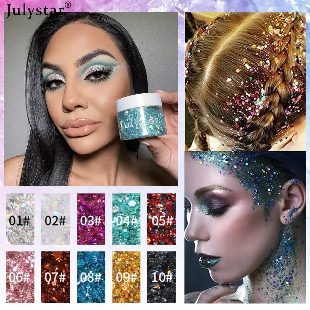 Julystar 10 Color Glitter Body Sequin Gel Waterproof Lasting Fashion Wielofunkcyjny żel do twarzy Sequin Gel Party Perform Cosmetics 10g