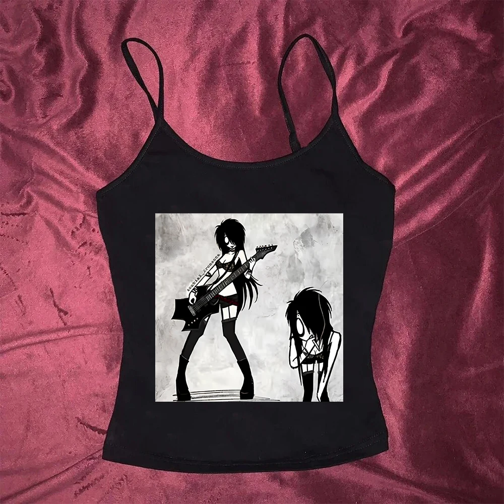 스타일 미학 여성 빈티지 고스 캐주얼 하라주쿠 탑 편지 인쇄 베이비 탱크 루즈하고 슬림 피트 캐주얼 스타일 락 소녀