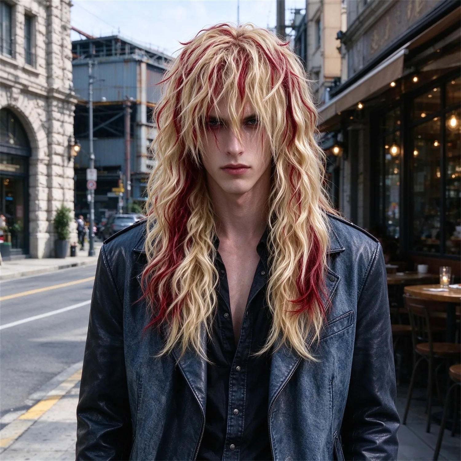Messy Wave Wig 20 Inch 613 Blonde With 99J Red Wine Highlights Heat Resistant Synthetic Fiber Wig, Stage Show