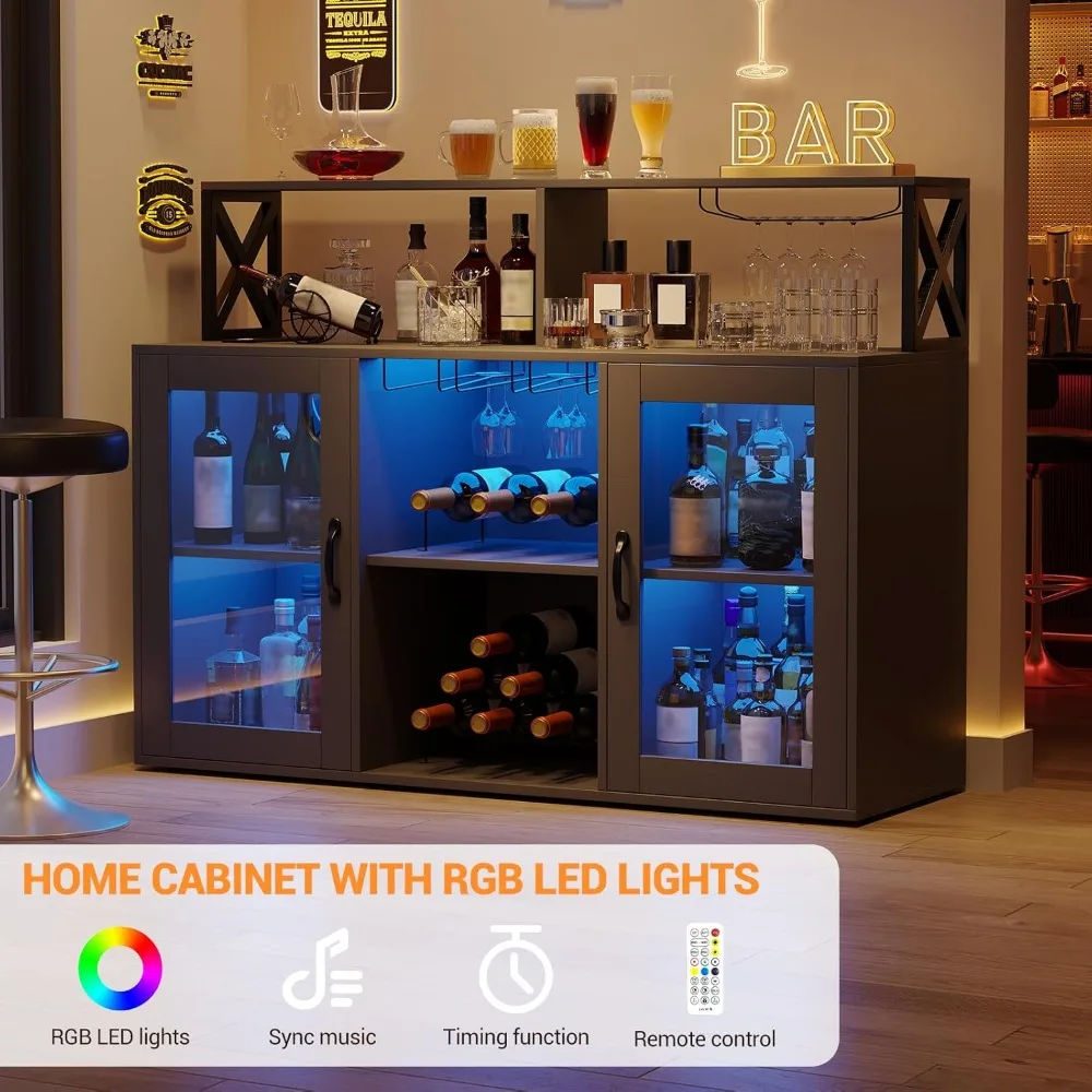 خزانة بار CuisinSmart للمنزل، خزانة مشروبات مع منافذ طاقة، مصابيح LED وحامل زجاجي، خزانة مشروبات مع مساحة تخزين،