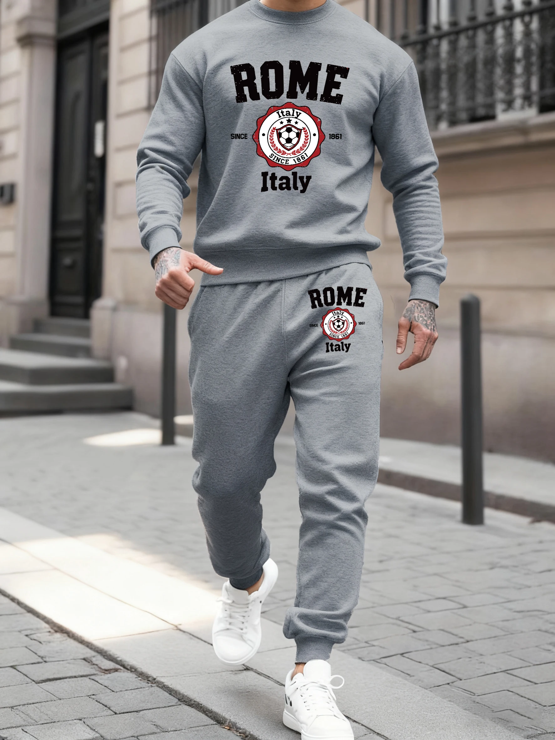 

Rome Italy Letter Prints Men Tracksuit Casual 0-Neck Sweatshirt Set Autumn Pocket Sweatpants Fleece All-Match Sportswear Suit