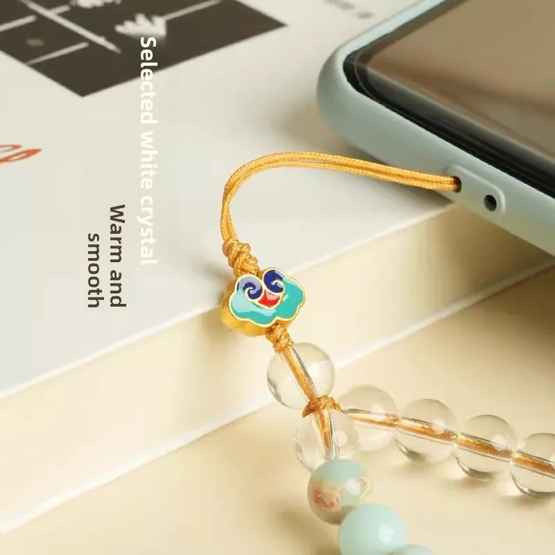Chinese Style Lucky Auspicious Clear Quartz Beaded Wrist Phone Lanyard Anti Lost Enamel Cloud Flower Decor Phone Strap Blessing