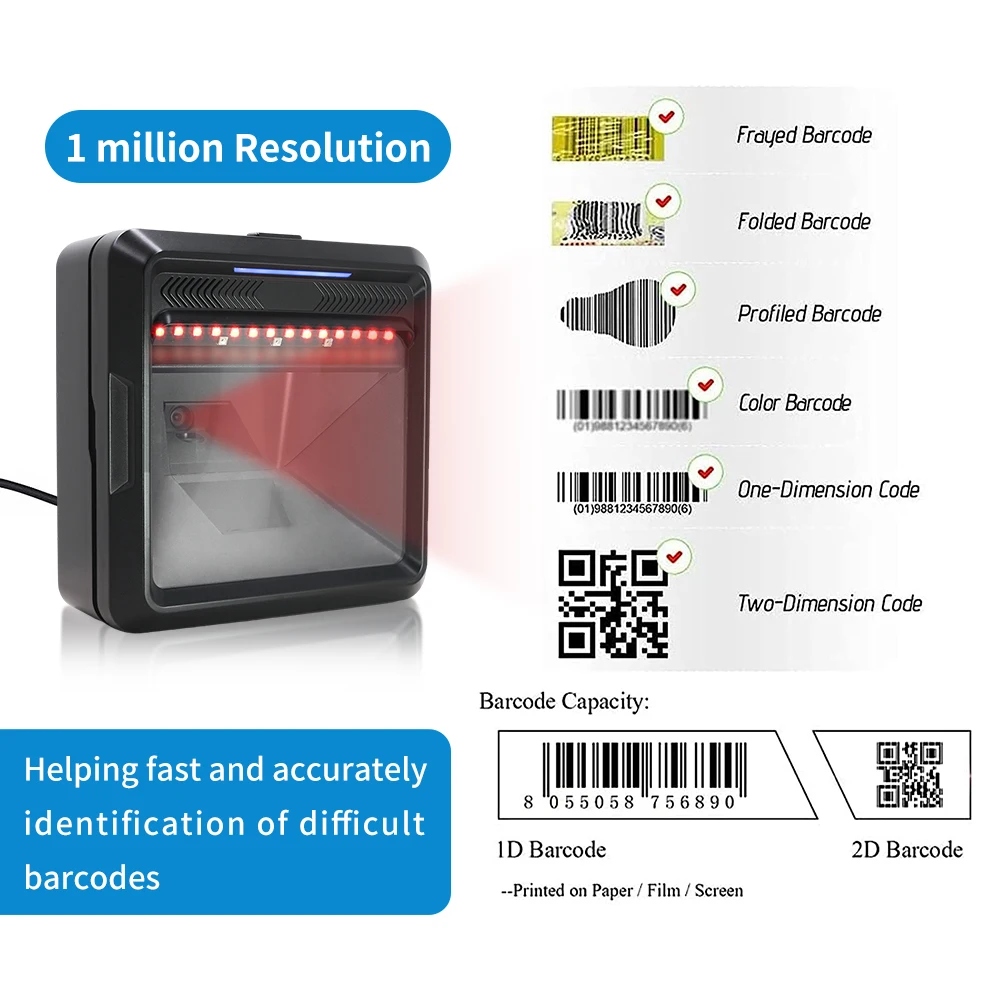 Imagem -02 - Hands Desktop Barcode Scanner Detecção Automática Data Matrix Reader Usb Supermercado 1d 2d qr Code 2d