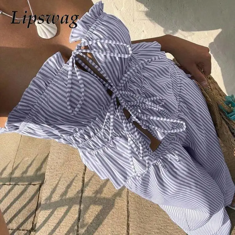

Sexy Strapless Tie-up Top & Long Pant Suit Women Casual Sleeveless Pocket Summer Outfits Fashion Stripe Print Straight 2Pc Sets