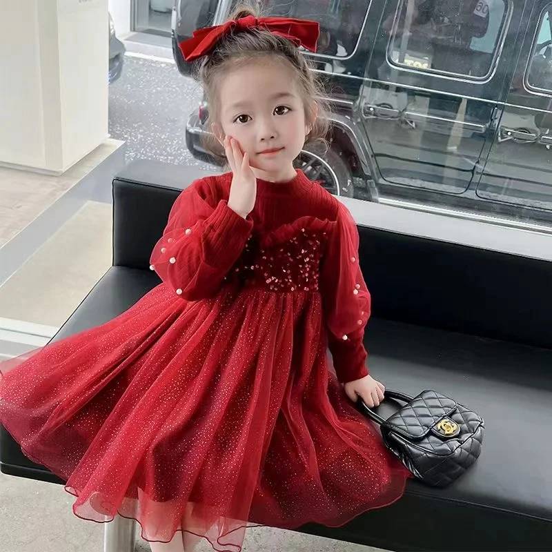 

2024 New Christmas Autumn Elegant SequinWarm Kintted Dresses for Girls Clothes Children Long Red Toddler Girl Dresses 3 4 6 8 T