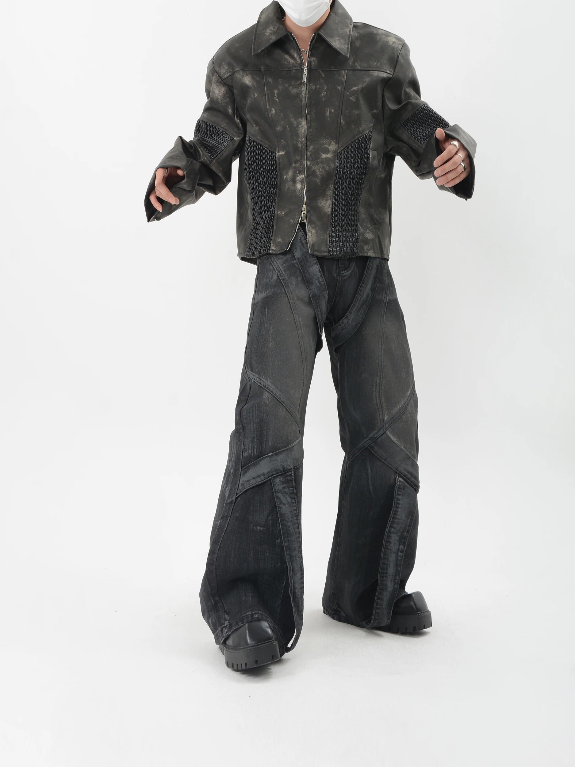 

Designer Style Deconstruction Three-Dimensional Texture Padded Shoulder Cropped Leather Coat Stitching Motorcycle Clothing