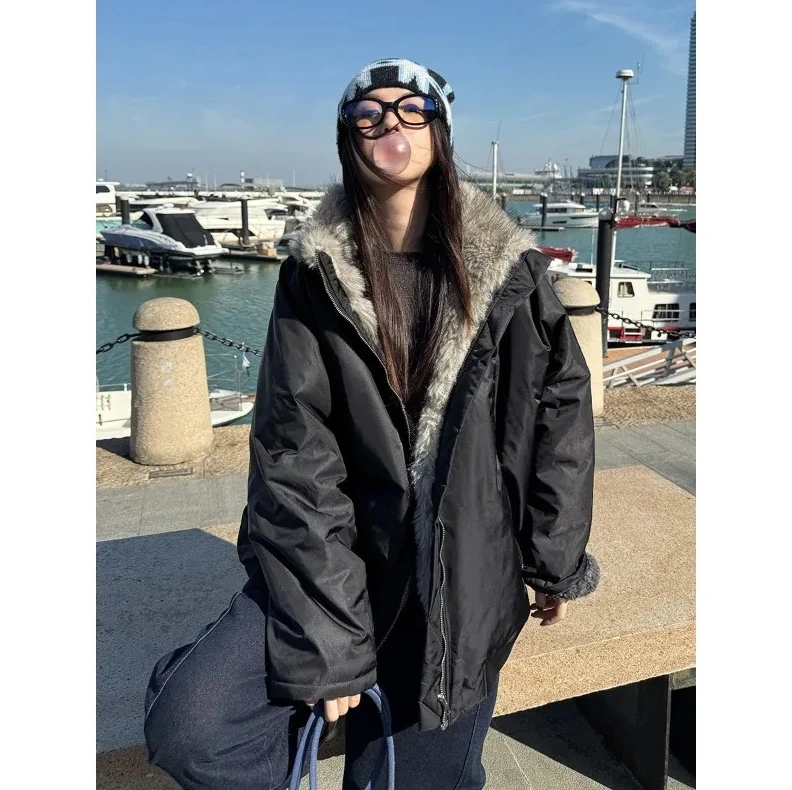 하이넥 미디 길이 프린지 코트 여성 의류 아메리칸 스타일 패션 양면 두꺼운 따뜻한 재킷 겨울 루즈핏