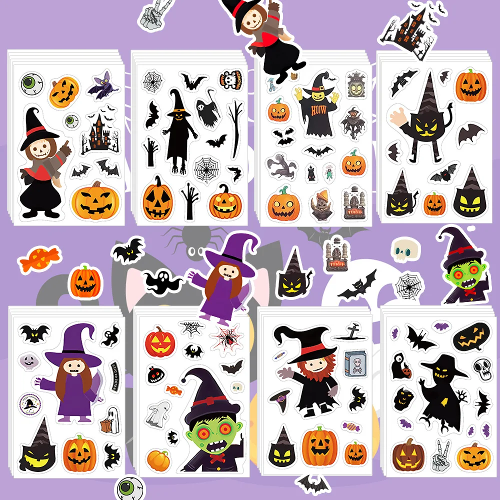 Halloween Pumpkin Ghost Stickers Laptop Bicycle Guitar Skateboard Sticker 8 Sheets Kid DIY Graffiti Waterproof Stickers