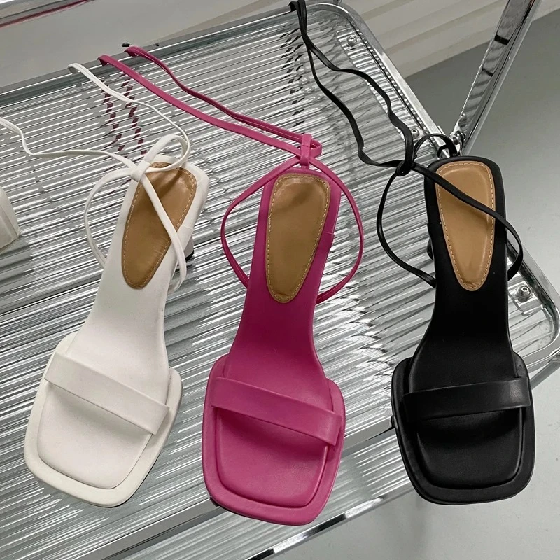 

Aneikeh 2025 Summer Street Style Square Toe Ankle Lace-up Gladiator Sandals Women High Heels Party Dress Shoes