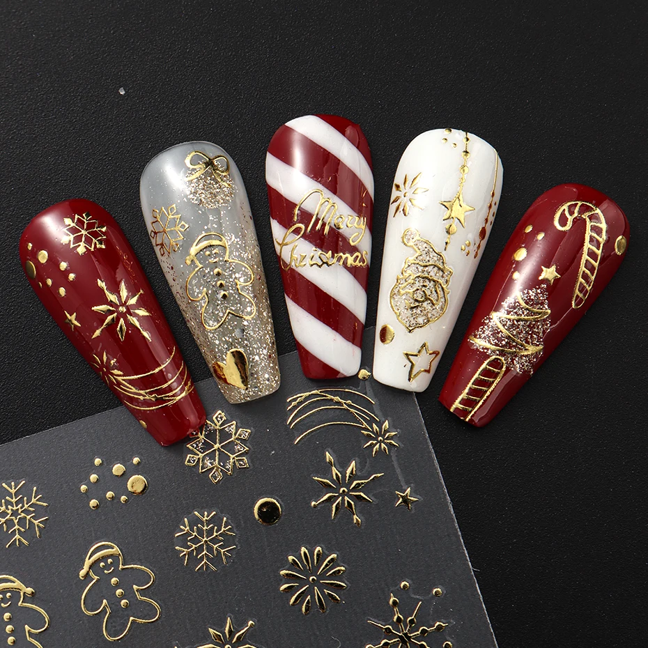 2 uds. De pegatinas doradas de dibujos animados para decoración de uñas, calcomanía de copo de nieve, globo de nieve, bastón de caramelo, muñeco de nieve, corazón, estrella, deslizadores de uñas, decoraciones