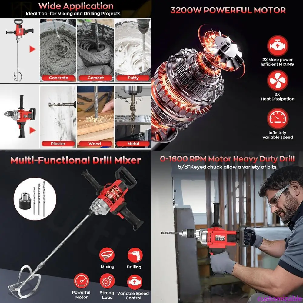 

Насадка для бетономешалки с регулируемой скоростью 3200 Вт, 20 А для дрели, проводной, 110 В, подходит для смешивания цемента, раствора и краски