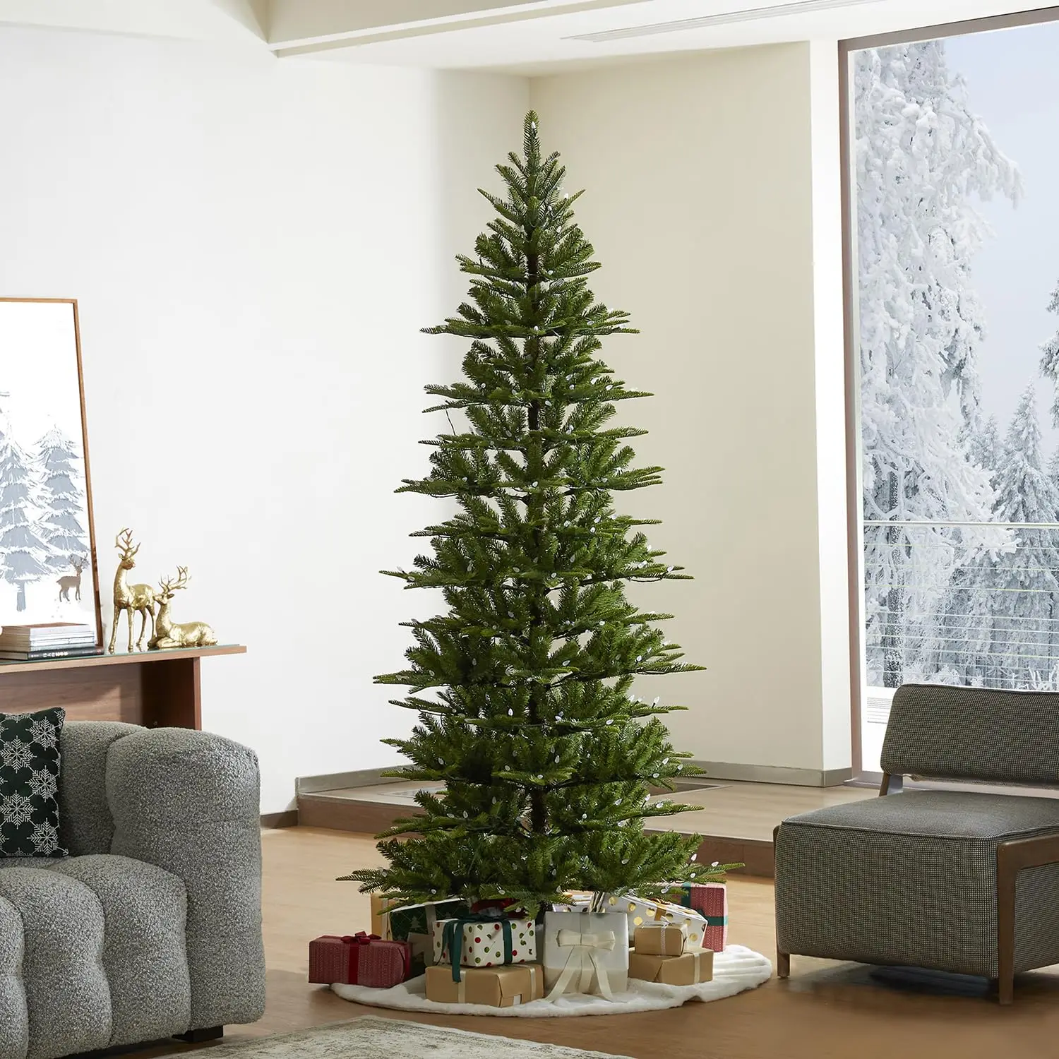 7.5ft Artificial Prelit Christmas Tree, Cascade Evergreen Slim Christmas Tree with 350 Strawberry Lights,998 PE&PVC