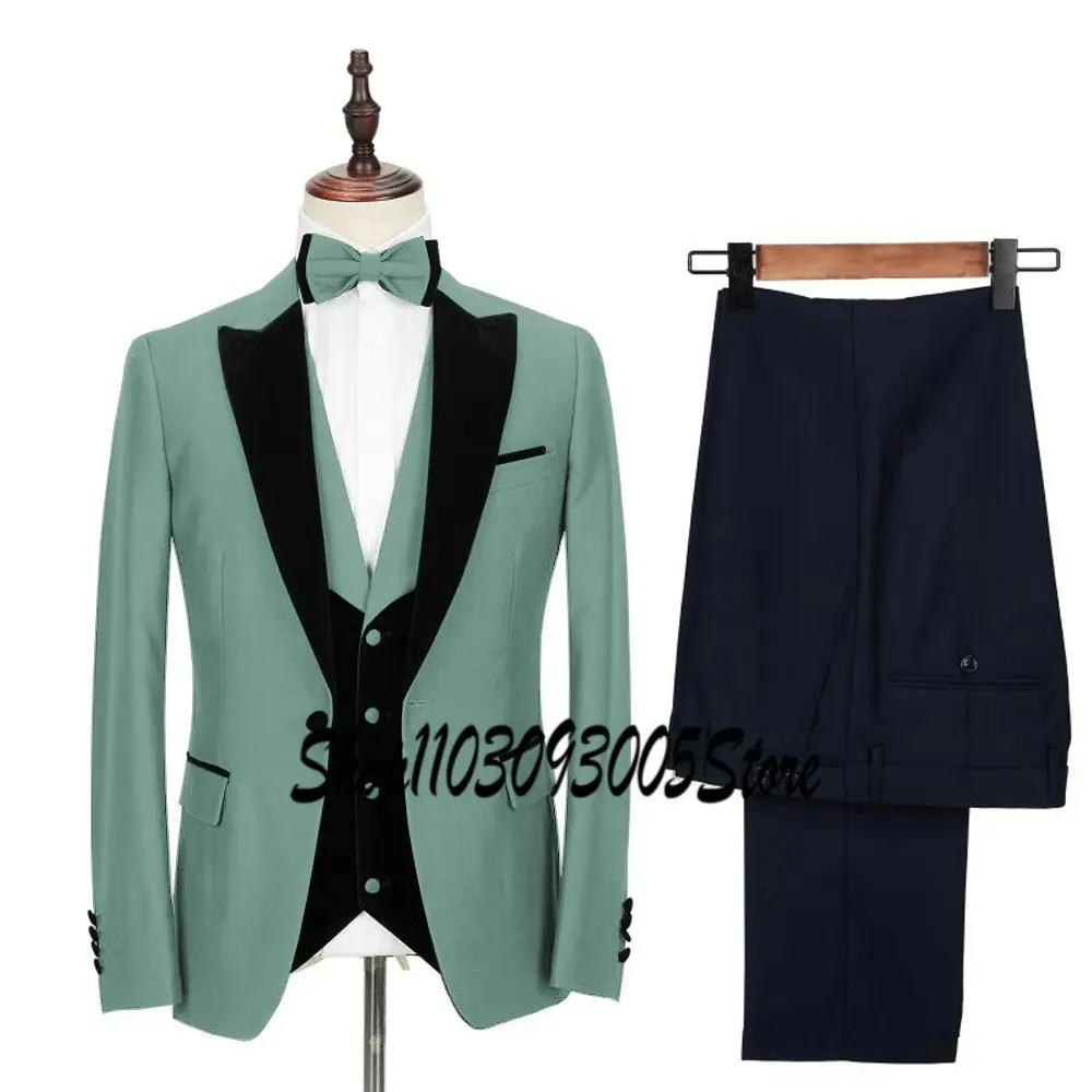 New Business Dark Green Formal Men's Slim Fit Suits 3 Pieces Wedding Groom Prom Terno Masculino Custom Blazer Vest Pant Sets