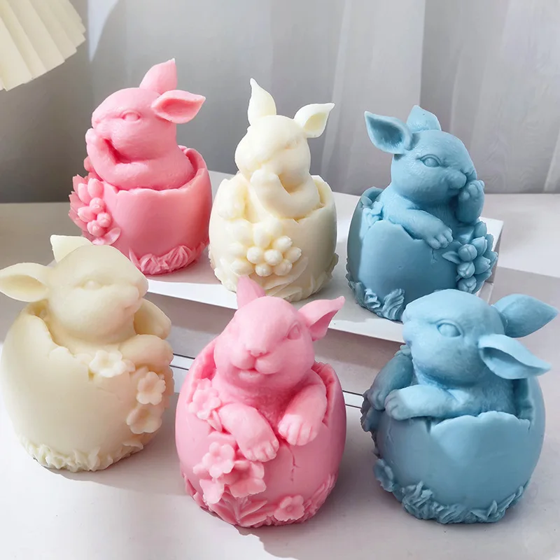 Large 4inch Flower Easter Egg Rabbit Candle Soap Silicone Molds 3D Bunny Aromatherapy Plaster Ornament Mold