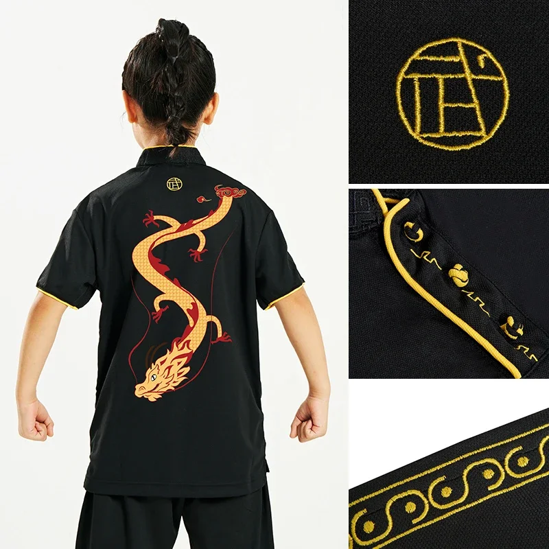 Kun Master adulti e bambini elastico Wushu abbigliamento uniforme di arte marziale vestito Kung Fu Tai Chi vestiti stampa drago 2023 nuovo