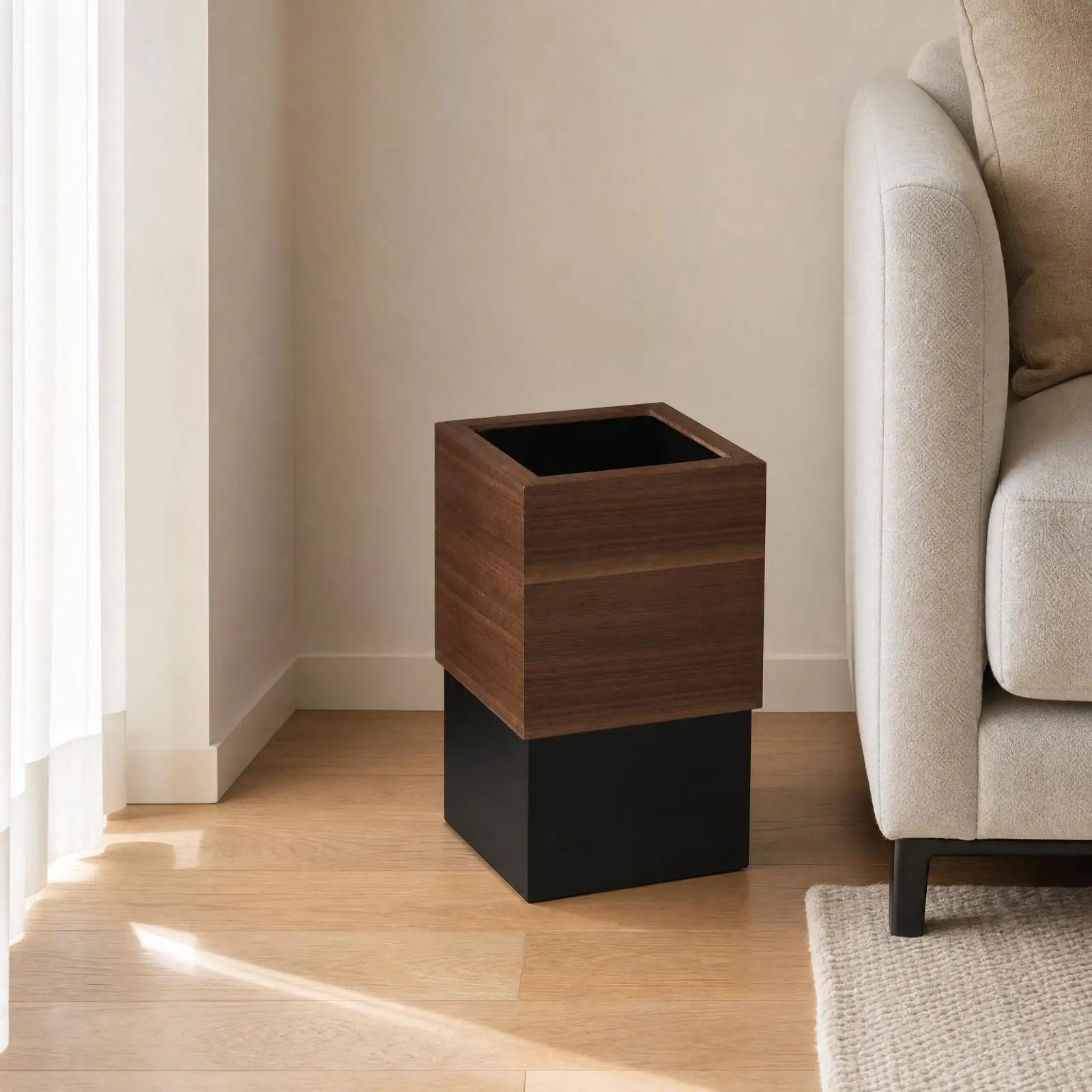 Wooden Lid Waste Bin 10L Freestanding Double Compartment Trash Can for Living Room Bedroom Office Decor