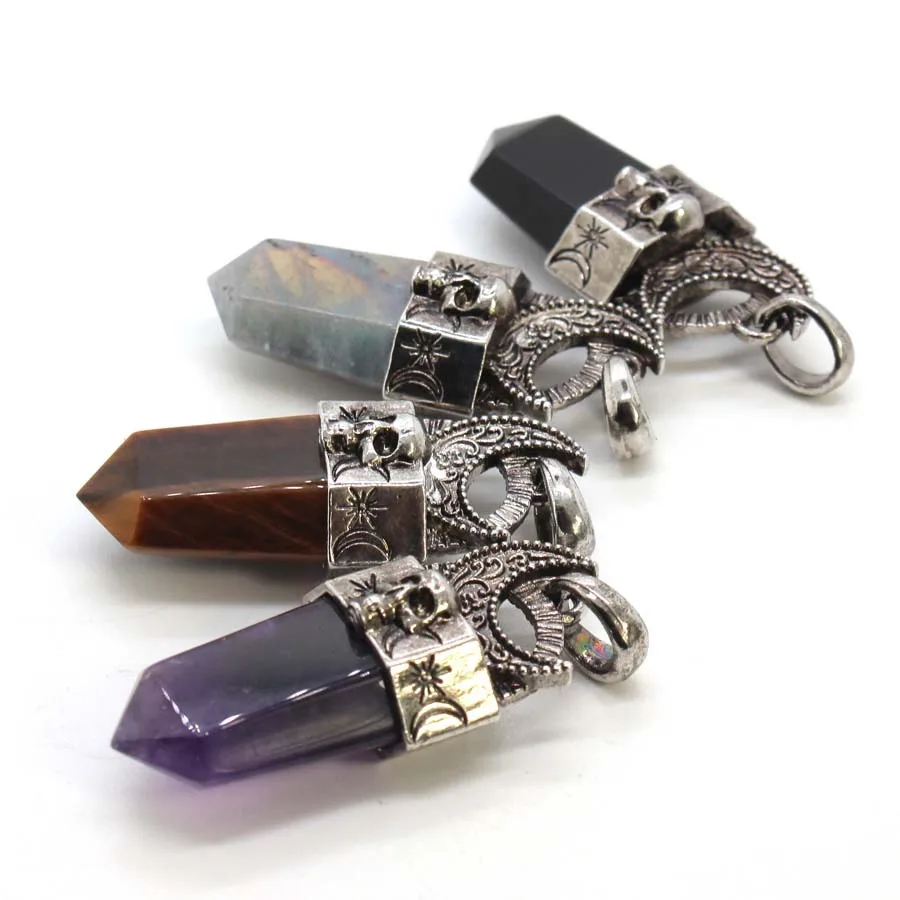 Crystal Sword Sun Moon Skull Stone Pendant For Women Natural Amethyst Fluorite Rose Quartz Faceted Stone Pendants Jewelry