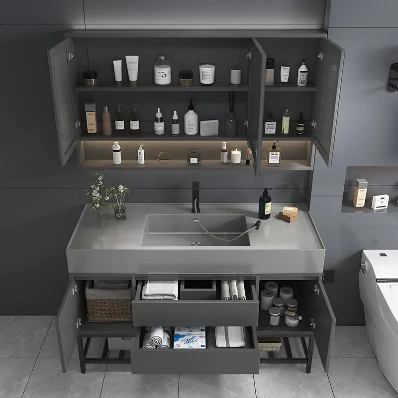 Light Luxury Solid Wood Bathroom Cabinet Rock Integrated Hands Face Washbasin Intelligent Mirror Cabinet Floor Standing