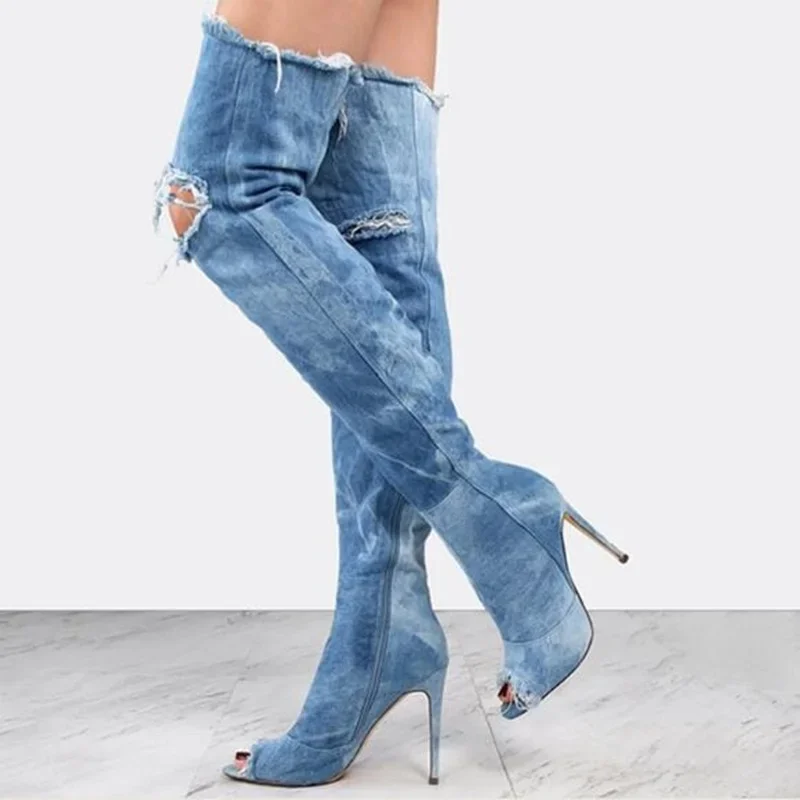 Ripped Denim Peep Toe Thigh High Heel Boots Wash Jeans Side Zipper Slim Hollow Out Gladiator Sandals Boots