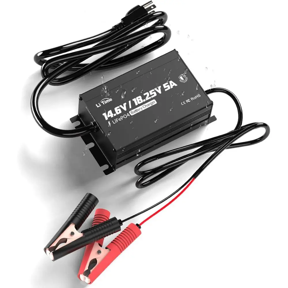 

12V 16V 5A Lithium Battery Charger, Waterproof AC to DC LiFePO4 Charger with Adjustable Voltage, Smart BMS Activation & LED Indi