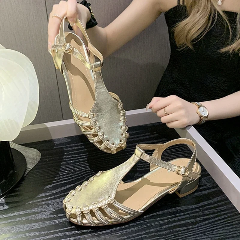 New Women T Strap Sandals Narrow Band Low Heels Dress Shoes Ladies Sliver Wedding Shoes Gold Hollow Outs Sandalias Mujer Summer